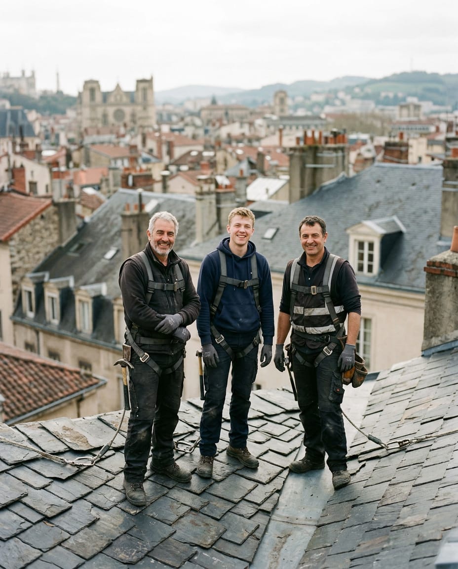 Trois couvreurs en harnais, debout sur un toit d'ardoise au-dessus d'une ville