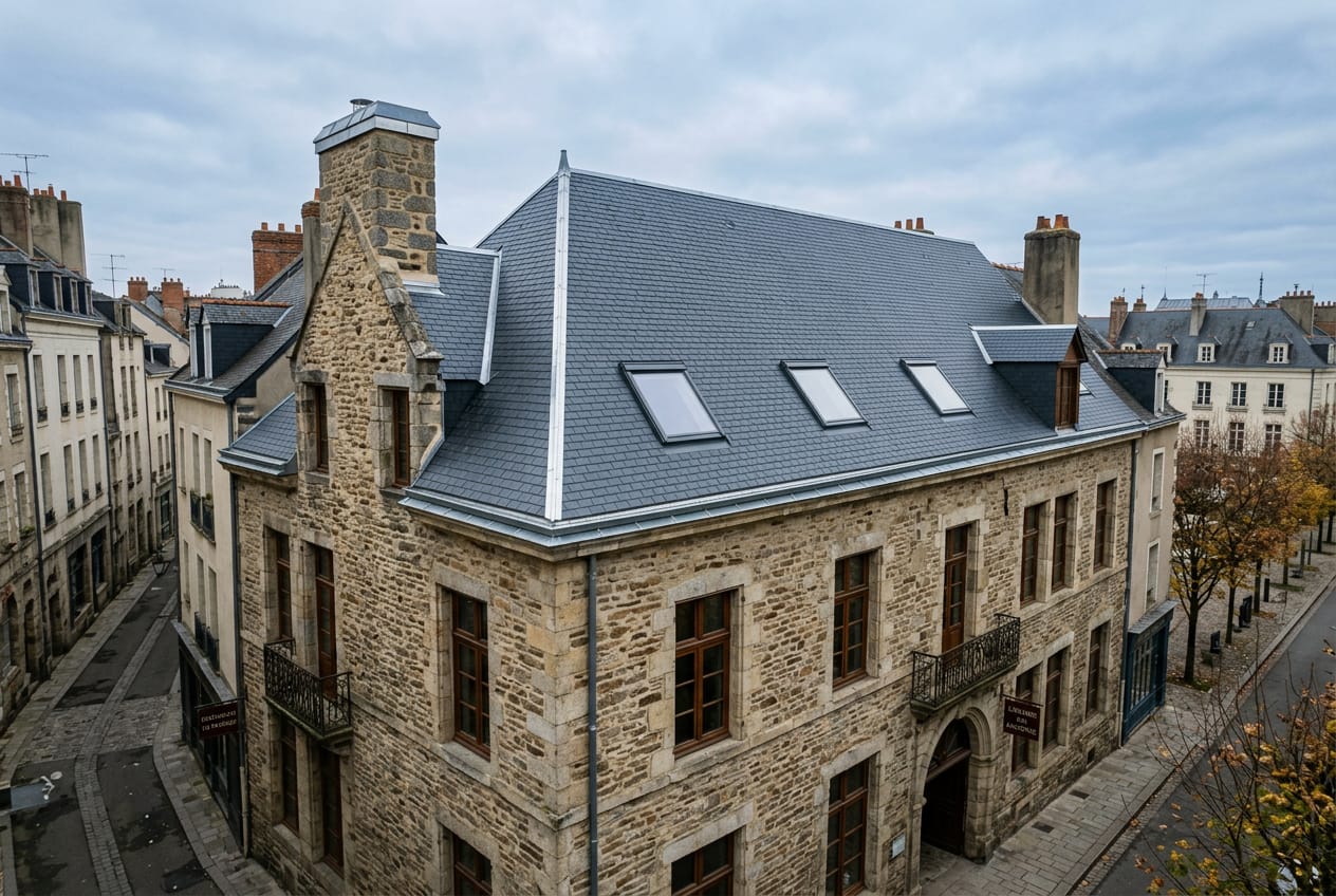 Un toit en ardoise neuve sur un bâtiment en pierre
