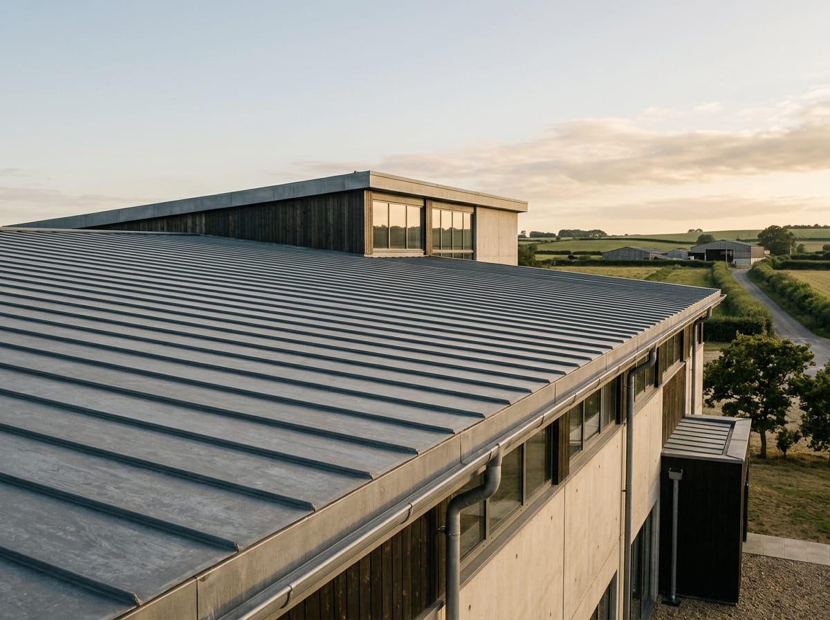 Une couverture en zinc à joints debout, posée sur un bâtiment au coucher du soleil